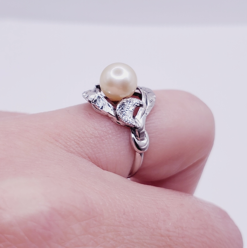 Pearl Ring 925 Sterling Silver Ring Vintage Ring Moon Ring Diamond Cut Ring - Picture 7 of 11